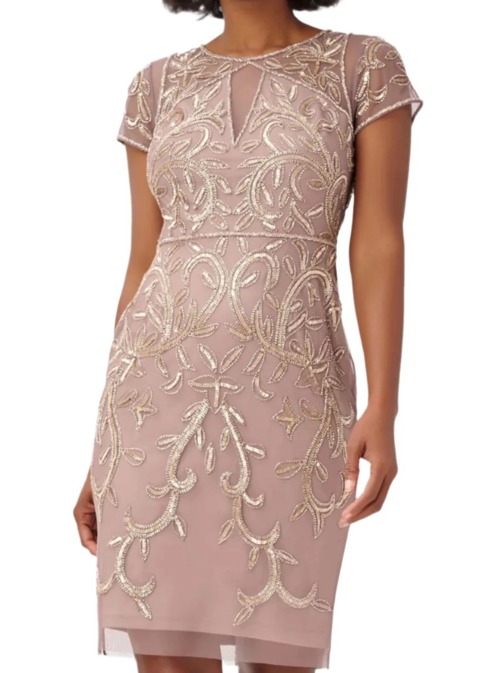 Adrianna Papell Size 4 NWT Beaded Sequin Cocktail Dress Taupe Pink Gold GALA MOB